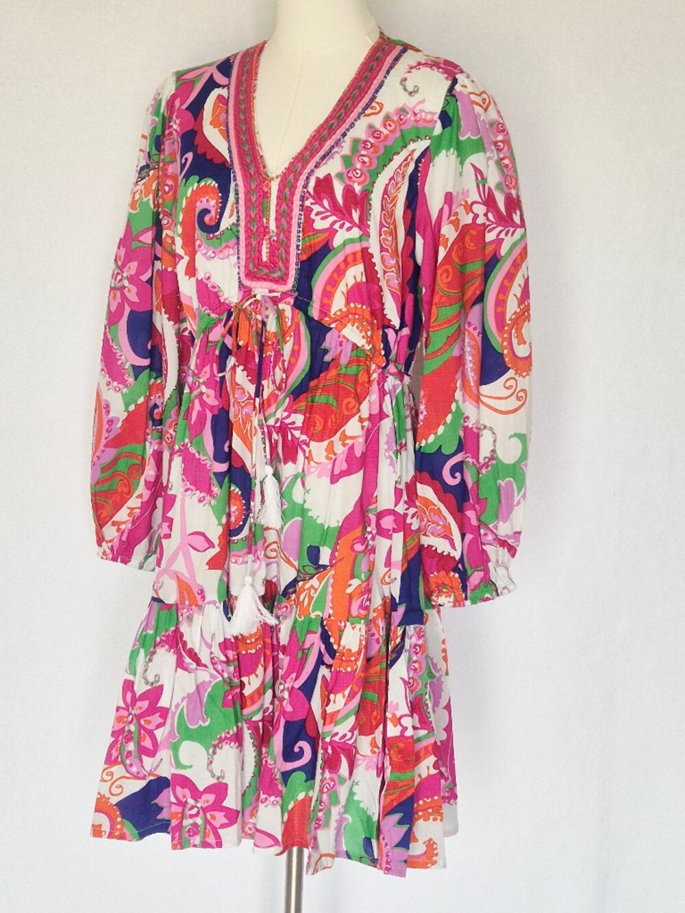 NEW Kaktus Beaded Floral Bohemain Tassel Tiered Mini Dress Long Puff Sleeve - Picture 3 of 14